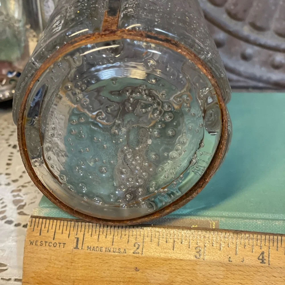 Vintage Pulegoso clear bubble Glass bottle Rustic metal French country cottage